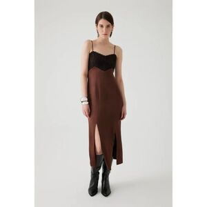 EXQUISE - Brown Black Lace Thin Strap Midi Dress